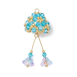 Темный Голубой Стеклянные подвески, Рождественский колокольчик, со стеклянными жемчужными бусинами и 304 петлей из нержавеющей стали, граненые, темные голубые, 46x19 мм, отверстие : 2 мм