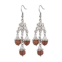 Antique Silver & Stainless Steel Color Natural Rudraksha Dangle Earrings, with 316 Surgical Stainless Steel Earring Hooks, Teardrop, Antique Silver & Stainless Steel Color, 67x22mm