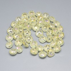 Champagne Yellow Electroplate Glass Beads Strands, Frosted, Rainbow Plated, Faceted, Flat Round, Champagne Yellow, 12x8~9mm, Hole: 1mm, about 50pcs/strand, 23.62 inch