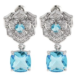 Светло-Голубой Серьги-гвоздики из латуни с микропаве и кубическим цирконием, покрытие стойки, цветок, Небесно-голубой, 26.5x14.5 мм