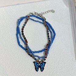 Синий Комплекты многослойных браслетов на лодыжку из богемской смолы и стеклянных бусин, с подвесками в виде бабочек из сплава эмали, платина, синие, 9-1/8 дюйм (230 мм), 3 шт / комплект