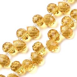 Золотистый Прозрачные стеклянные бусины, слезинки, Топ пробуренной, граненые, золотые, 10.5x8 мм, отверстие : 1.2 мм, около 95~100 шт / нитка, 61~62 см