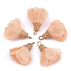 Licht Lachs Eisen Anhänger & Charms, mit Chiffon, Blume, golden, Licht Lachs, 23~28x20~30 mm, Bohrung: 1~3 mm