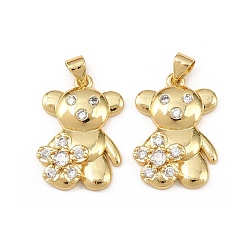 Настоящее золото 18K Латунные микро проложить кубического циркония подвески, подвески в виде медведя и цветка, долговечный, без кадмия и без свинца, реальный 18 k позолоченный, 23x16x4.5 мм, отверстие : 4.5x3.5 мм