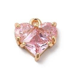 Бледно-Розовый Латунь прелести, со стеклом, сердце, золотые, розовый жемчуг, 12.5x12x4 мм, отверстие : 1.4 мм