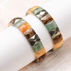 Смешанные камни Прямоугольные эластичные браслеты из натуральных бусин пирита, зеленого авантюрина, тигрового глаза и кварца для женщин и мужчин, бусина : 15~16x11~12 mm, внутренний диаметр: 2-3/8 дюйм (6 см)