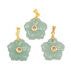 Зеленый Авантюрин Резные подвески из натурального зеленого авантюрина, подвески-цветы с латунной микропаве из кубических цирконий, золотые, стойки покрытие, долговечный, золотые, 20x20x5 мм, отверстие : 5x4 мм