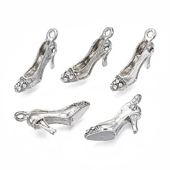 Платина Подвески из сплава со стразами, без кадмия, без никеля и без свинца, туфли на высоком каблуке прелести, платина, 25x5x11 мм, отверстие : 1.8 мм