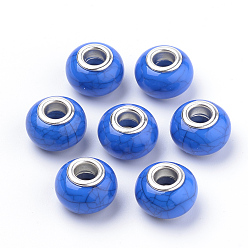Синий Европейские бусины из искусственной бирюзы из смолы, бусины с большим отверстием, с серебряного цвета латуни двойные сердечники, рондель, синие, 14x9.5 мм, отверстие : 5 мм