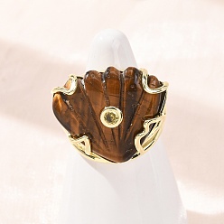 Tiger Eye Natural Tiger Eye Cuff Rings, Shell Shape, Brass Micro Pave Cubic Zirconia Cuff Open Rings, Golden, 24.5mm, US Size 7 1/4(17.5mm)