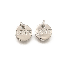 Платина Латунь прелести, плоские круглые со словом "love", стойки покрытие, прочное покрытие, без кадмия и без свинца, с целью перехода в кольце, платина, 7.5x1.5 мм, отверстие : 2 мм