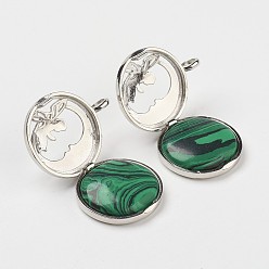 Malachite Synthetic Malachite Pendants, with Brass Diffuser Locket Findings, Flat Round with Angel, 31x26x8mm, Hole: 4mm
