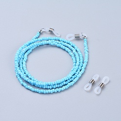 Sky Blue Eyeglasses Chains, Neck Strap for Eyeglasses, with Glass Seed Beads, Brass Crimp Beads and Rubber Loop Ends, Sky Blue, 30.7 inch(78cm)