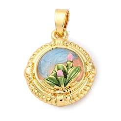 Настоящее золото 18K Латунь эмаль подвески, без кадмия, без никеля и без свинца, плоский круглый с цветными чарами, реальный 18 k позолоченный, 17x14.5x5 мм, отверстие : 4.5x2.5 мм