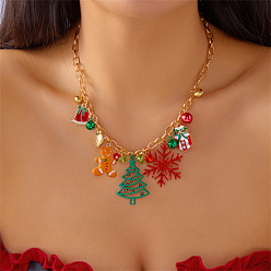 Рождественская елка Рождественское ожерелье-нагрудник из сплава со стразами, эмалью и пластиком., зеленый и красный, золотые, рождественская елка, 15.75 дюйм (40 см), Кулон : 45 мм