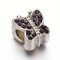 Аметист Старинное серебро покрытием сплава европейских бисер, со стразами, бусины с большим отверстием, бабочка, аметист, 11x10.5x9 мм, отверстие : 5 мм