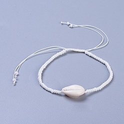 Белый Регулируемые стеклянные браслеты из бисера, с бусинами из каури и плетеной нейлоновой нить, белые, 2-3/8 дюйм (6 см)