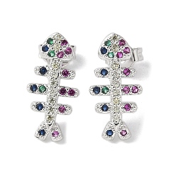 Платина Серьги-гвоздики из латуни с микрокубическим цирконием, долговечный, без свинца и без кадмия, елочка, платина, 16x8 мм