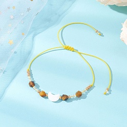 Тигровый глаз Браслеты с подвесками в виде луны из натурального тигрового глаза и пресноводной раковины, Регулируемые браслеты из нейлонового шнура для женщин и мужчин, со стеклянными бисеринами, внутренний диаметр: 1.06~3.35 дюйм (2.7~8.5 см)