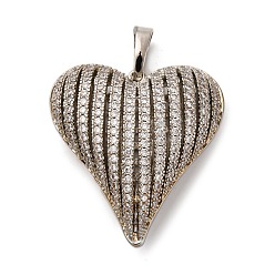 Платина Латунные микропаве прозрачные подвески с фианитом, сердце прелести, стойки покрытие, прочное покрытие, без кадмия и без свинца, платина, 33.5x30x11.5 мм, отверстие : 4x5 мм