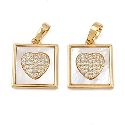 Настоящее золото 18K Латунные микропаве прозрачные подвески с фианитом, без кадмия и без свинца, квадрат с сердцем, с оболочкой, реальный 18 k позолоченный, 16.5x14x2.5 мм, отверстие : 5x3.5 мм