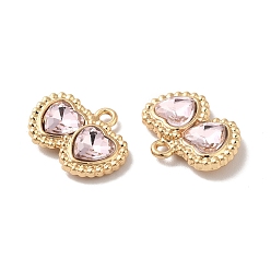 Pink Rack Plating Alloy Pandants, with Glass, Nickel Free, Double Heart Charms, Golden, Light Rose, 13.5x17.5x4mm, Hole: 1.6mm