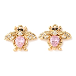 Бледно-Розовый Латунные микро проложить кубического циркония подвески, прелести пчел, без никеля , реальный 18 k позолоченный, розовый жемчуг, 15x17.5x4 мм, отверстие : 1.2 мм