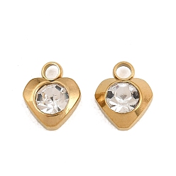 Cristal 201 Colgantes del rhinestone del acero inoxidable, encantos del corazón, revestimiento de iones (ip), real 18 k chapado en oro, cristal, 9x7x4 mm, agujero: 2 mm