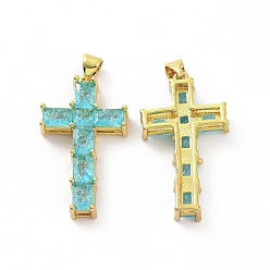 Голубой Латунные микропаве прозрачные подвески с фианитом, без кадмия и без свинца, крестик, религия, голубой, 32.5x18x5.5 мм, отверстие : 3.5x5 мм