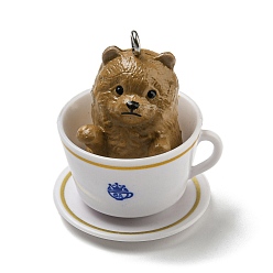 (932FM) Темно-синий аква-матовый с подкладкой Подвески в виде щенков из непрозрачной смолы, милая собачка в чашке чая с подвесками, с платиновыми тоновыми железными петлями, темно-золотистые, 31~32.5x28x26 мм, отверстие : 2 мм