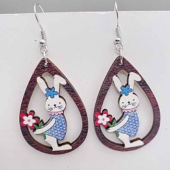 Разноцветный Пасхальные деревянные серьги-подвески, слеза с кроликом, платина, красочный, 70x38 мм