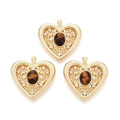 Настоящее золото 18K Природных тигровый глаз подвески, подвески в форме сердца с латунными микропаве из прозрачных кубических цирконий, реальный 18 k позолоченный, 25.5x25x7.5~8 мм, отверстие : 2.5x1.8 мм