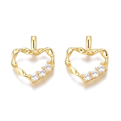Golden Brass Micro Pave Clear Cubic Zirconia Charms, Long-Lasting Plated, Twist Heart, Golden, 14x12x2mm, Hole: 2mm