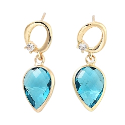 Light Gold Brass Micro Pave Cubic Zirconia Stud Earrings, Glass Teardrop Drop Earrings, Light Gold, 29x11.5mm