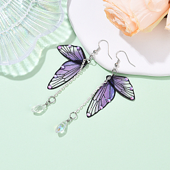 Medium Orchid Brass Wing Dangle Earrings, with Resin, Left and Right, Platinum, Medium Orchid, 91mm