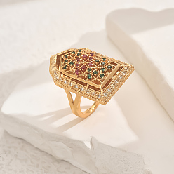 Разноцветный Кольца для женщин с геометрическим узором из латуни с микропаве из кубических цирконий, золотые, красочный, 31x20 мм, внутренний диаметр: регулируемый