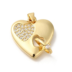 Настоящее золото 18K Покрытие стойки латунь с подвесками из фианита, долговечный, без свинца и без кадмия, сердце прелести, реальный 18 k позолоченный, 30.5x23.5x3 мм, отверстие : 4x3.5 мм
