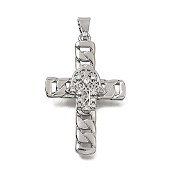 Platine Pendentifs en laiton zircon cubique transparent, croix torsadée avec breloques en forme de main de Hamsa, platine, 39x24.5x3.5mm, Trou: 8x3.5mm