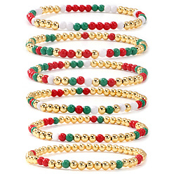 Золотой 6 Наборы круглых эластичных браслетов из стекла и латуни с бусинами на рождественскую тематику, золотые, внутренний диаметр: 6.89 дюйм (17.5 см)