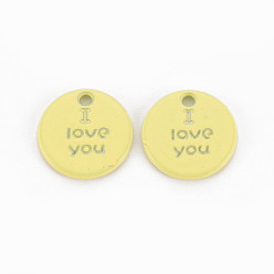 Желтый Брелоки из сплава, окрашенные распылением, на день святого валентина, без кадмия и без свинца, плоские круглые с фразой я тебя люблю, желтые, 13x13x1.5 мм, отверстие : 1.6 мм