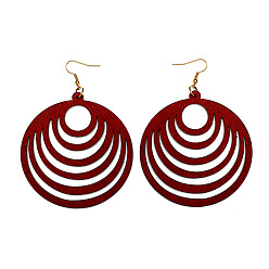 Темно-Красный Полые круглые деревянные серьги-подвески, золотые, темно-красный, 96x69 мм