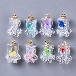 Mixed Color Bear Paw Transparent Glass Pendants, with Dried Flower & Resin Rhinestones inside, Plastic CCB Cup Pearl Peg Bails Pin Pendants Bails, Golden, Mixed Color, 37~38x25x20.5mm, Hole: 3.5mm