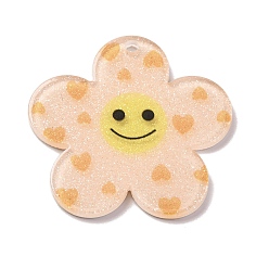 Оранжевый Акриловые подвески, с блеском порошок, цветок с улыбающимся лицом, оранжевые, 38x39x2 мм, отверстие : 2.2 мм