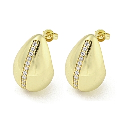 Golden Brass with Cubic Zirconia Stud Earrings, Teardrop, Golden, 21x14mm.