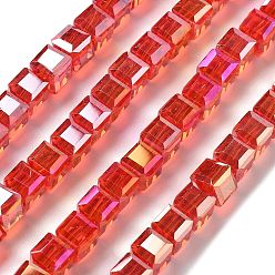 Малиновый Стеклянные бусины с гальваническим покрытием , кубические, AB цвет, граненые, малиновый, 7x7x7 мм, отверстие : 1.4 мм, около 99 шт / нитка, 27.44'' (69.7 см)