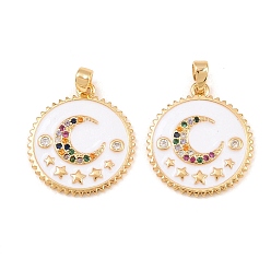 Настоящее золото 18K Кубические подвески из латуни с микропаве, плоская круглая с лунными подвесками, с эмалью, реальный 18 k позолоченный, 21.5x19.5x2 мм, отверстие : 3x5 мм