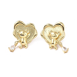 Golden Clear Cubic Zirconia Heart with Bear Dangle Stud Earrings, Brass Jewelry for Women, Golden, 28x21.5mm, Pin: 0.8mm