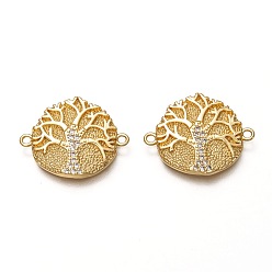 Настоящее золото 18K Латунные соединители звеньев микропаве, прозрачные кубические циркония, долговечный, плоские круглые с дерева жизни, реальный 18 k позолоченный, 23x19x3 мм, отверстие : 1.5 мм