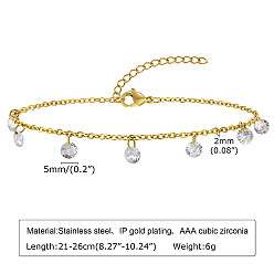 Кристалл 304 браслеты из нержавеющей стали с плоскими круглыми кисточками из стразов, золотые, кристалл, 8-1/4 дюйм (210 мм)