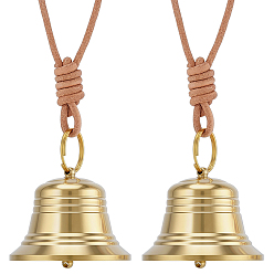Golden 2Pcs Brass Big Bell Pendants, Bell Charm, with 2Pcs Cowhide Keychains, Golden, 40x53mm, Hole: 2.4mm